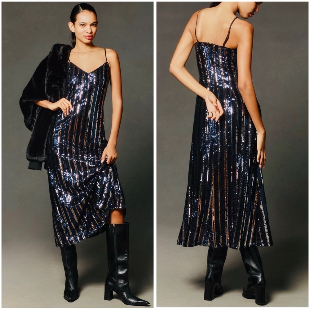 ANTHROPOLOGIE Maeve Sequins Bling Cocktail Party Striped Midi Dress Sz M/P NWT